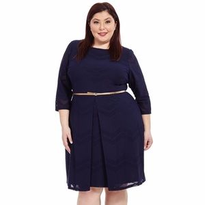 Designer Navy Belted Mesh Dress